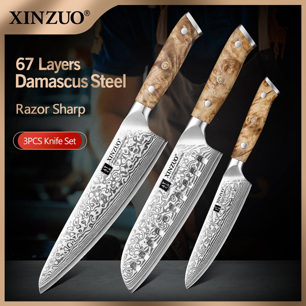 XINZUO 1-3PCS Damascus Steel Knife Set Chef Santoku Utility Knives 67 Layers Super Steel Figured Sycamore Brass Rivets 60HRC — Damascus, Damascus steel