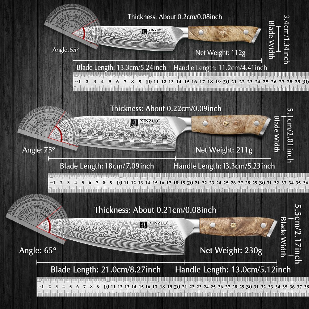 XINZUO 1-3PCS Damascus Steel Knife Set Chef Santoku Utility Knives 67 Layers Super Steel Figured Sycamore Brass Rivets 60HRC — Damascus, Damascus steel — capture 2