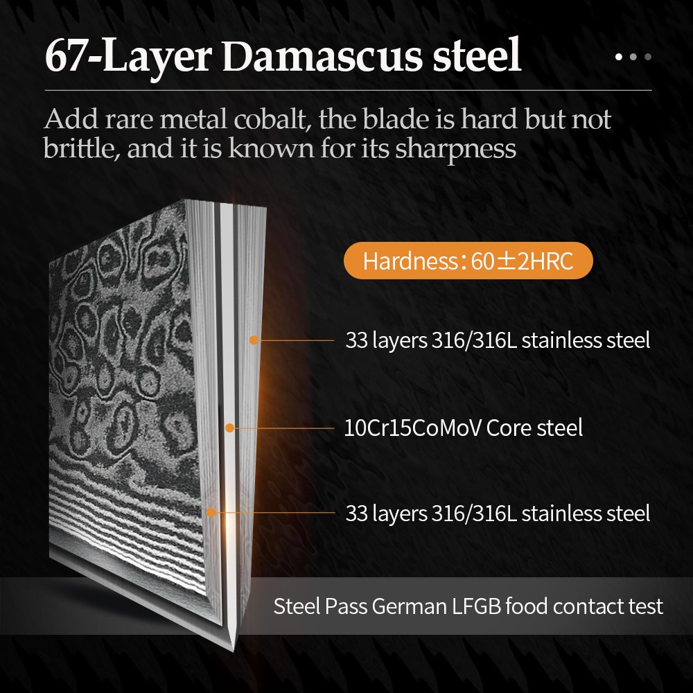 XINZUO 1-3PCS Damascus Steel Knife Set Chef Santoku Utility Knives 67 Layers Super Steel Figured Sycamore Brass Rivets 60HRC — Damascus, Damascus steel — capture 3
