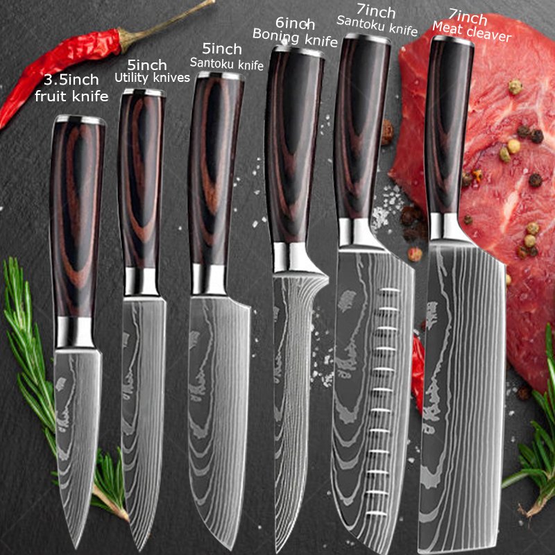 Damascus Chef's Knife Kitchen Knives Set Professional Boning Knife Meat Cleaver Utility Knife Japanese Santoku Knife with Cover — Damascus, Damascus steel