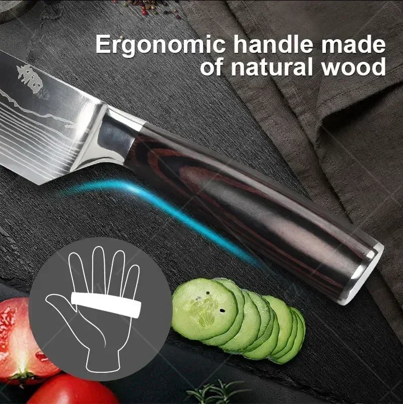 Damascus Chef's Knife Kitchen Knives Set Professional Boning Knife Meat Cleaver Utility Knife Japanese Santoku Knife with Cover — Damascus, Damascus steel — capture 3