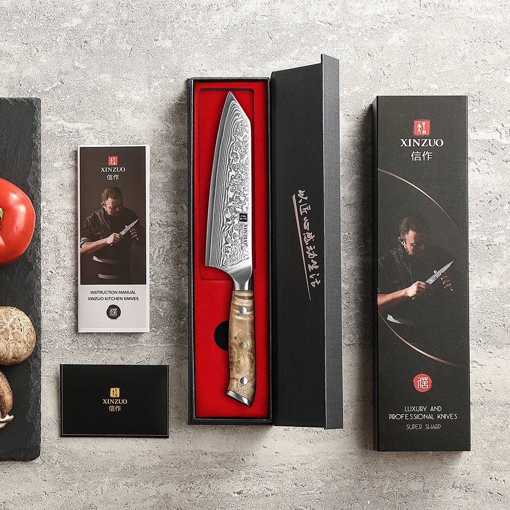 XINZUO Damascus Steel Bunka Chef Knife 5.8-inch 67-Layer Super Steel Figured Sycamore Wood Handle Exquisite Brass Rivet Gift Box — Damascus, Damascus steel — capture 3