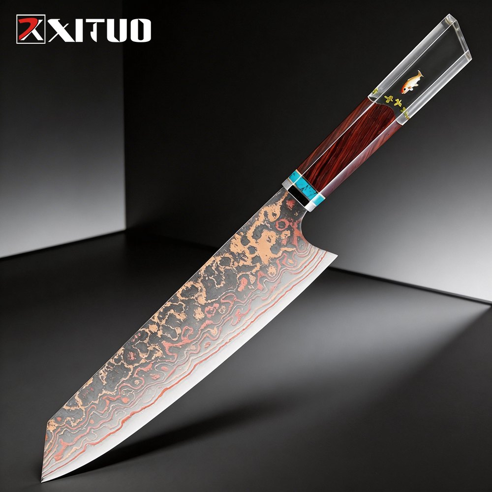 Kiritsuke Chef Knife,8 Inch, 37 Layers Tricolor Copper Damascus Steel-Japanese Damascus Knife for Chefs&Home Cooking-Razor Shar — Damascus, Damascus steel