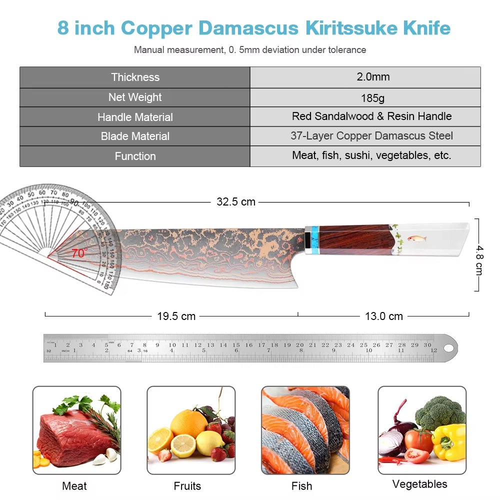 Kiritsuke Chef Knife,8 Inch, 37 Layers Tricolor Copper Damascus Steel-Japanese Damascus Knife for Chefs&Home Cooking-Razor Shar — Damascus, Damascus steel — capture 2