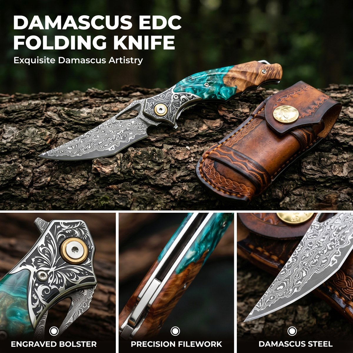 Damascus Steel Artisan Folding Knife, VG10 Steel Core, Stabilized Wood and Resin Handle, Leather Sheath for EDC Carry — Damascus, Damascus steel — capture 3