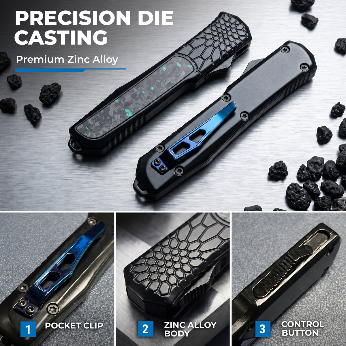 D2 Steel Utility Knife with Zinc Alloy Handle and Carbon Fiber Inlay, EDC Pocket Tool for Everyday Carry, Gift for Men — Folding Knives, Carbon fiber — capture 3