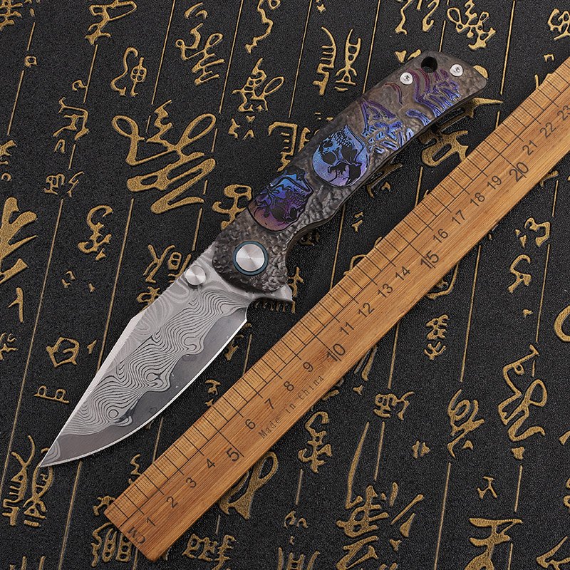 Damascus steel (clip Rw34+VG10) carved titanium alloy handle folding knife outdoor self-defense collection portable tool knife — Damascus, Damascus steel