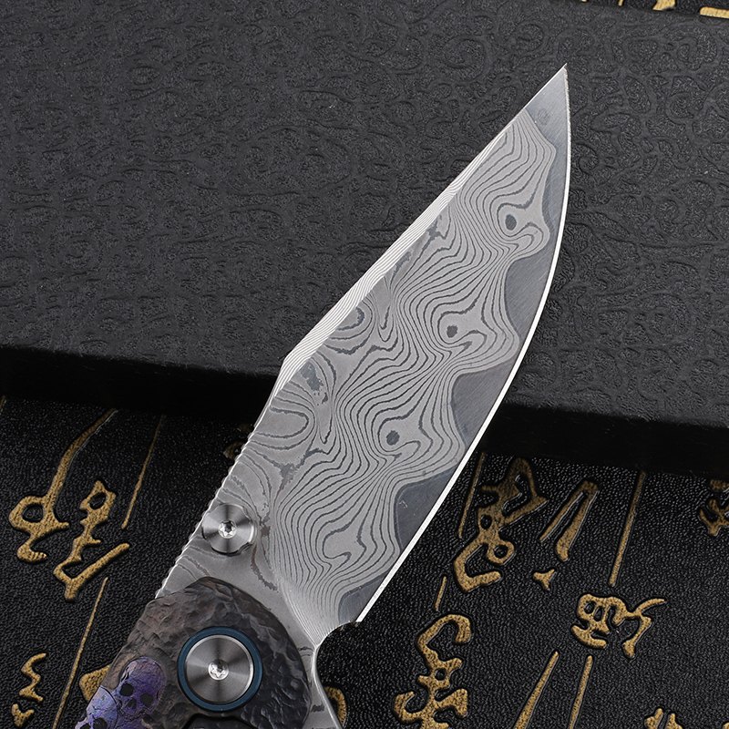 Damascus steel (clip Rw34+VG10) carved titanium alloy handle folding knife outdoor self-defense collection portable tool knife — Damascus, Damascus steel — capture 3