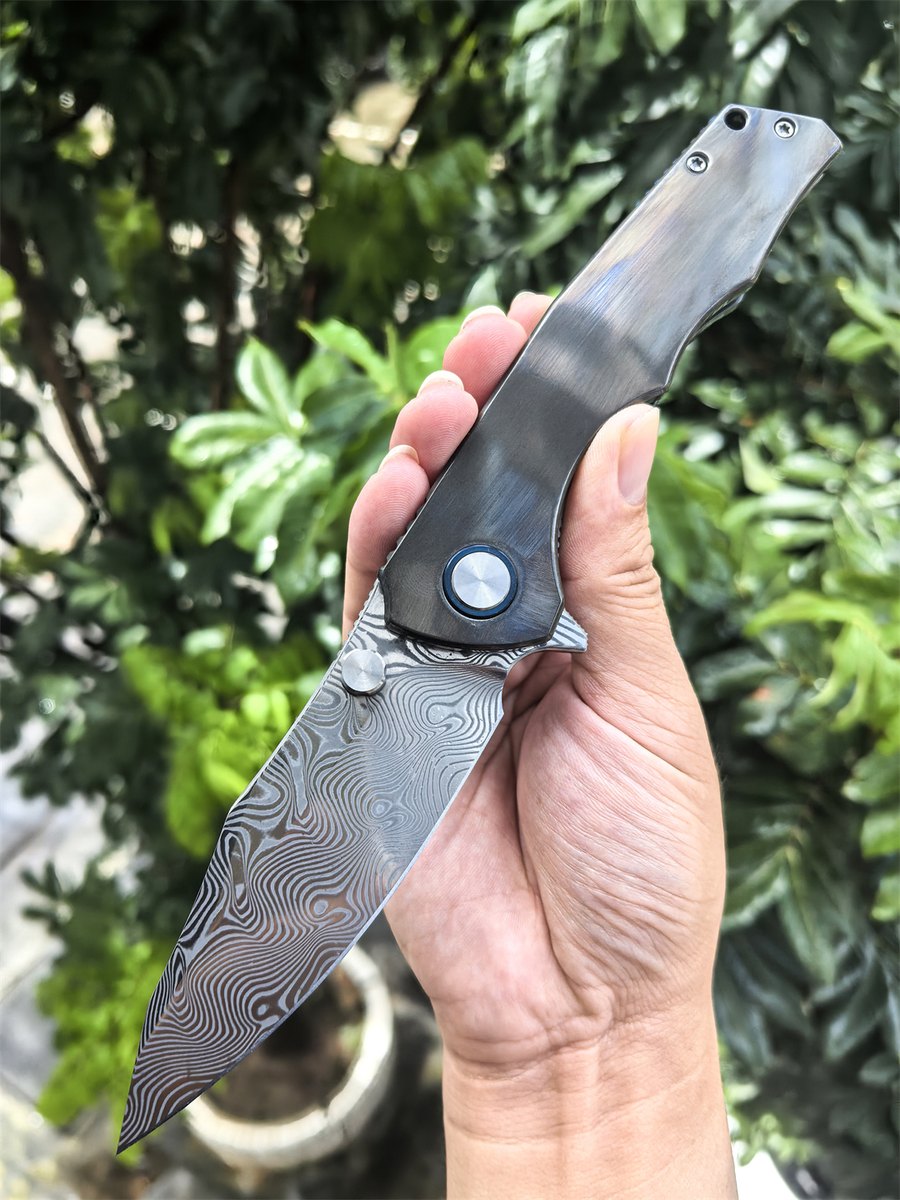 Folding knife Damascus blade TC4 titanium alloy zirconium handle camping outdoor survival hunting knife EDC defense tool gift — Damascus, Damascus steel