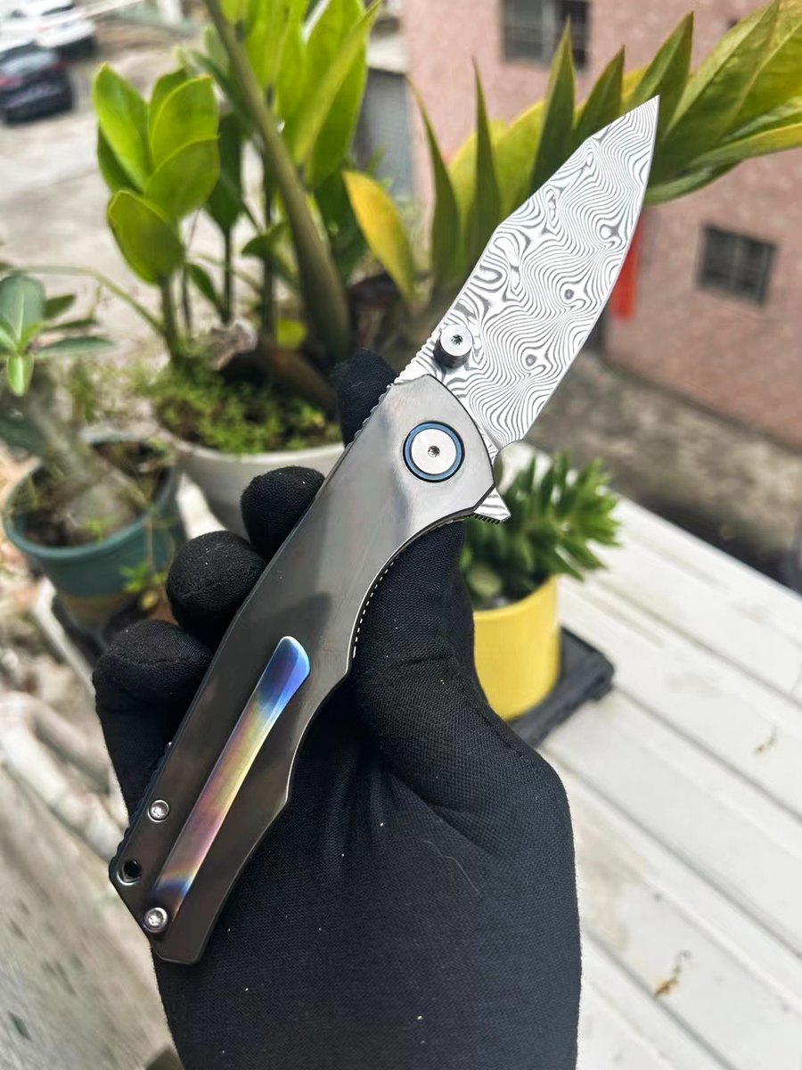 Folding knife Damascus blade TC4 titanium alloy zirconium handle camping outdoor survival hunting knife EDC defense tool gift — Damascus, Damascus steel — capture 3