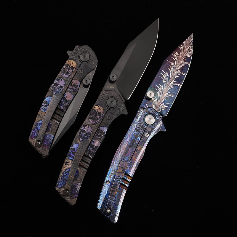 M390/1095 Carbon Steel+Nickel Steel Blade Titanium Alloy/Zirconia Horse Handle Folding Knife Outdoor Camping Collection Play EDC — Titanium EDC, Titanium handle