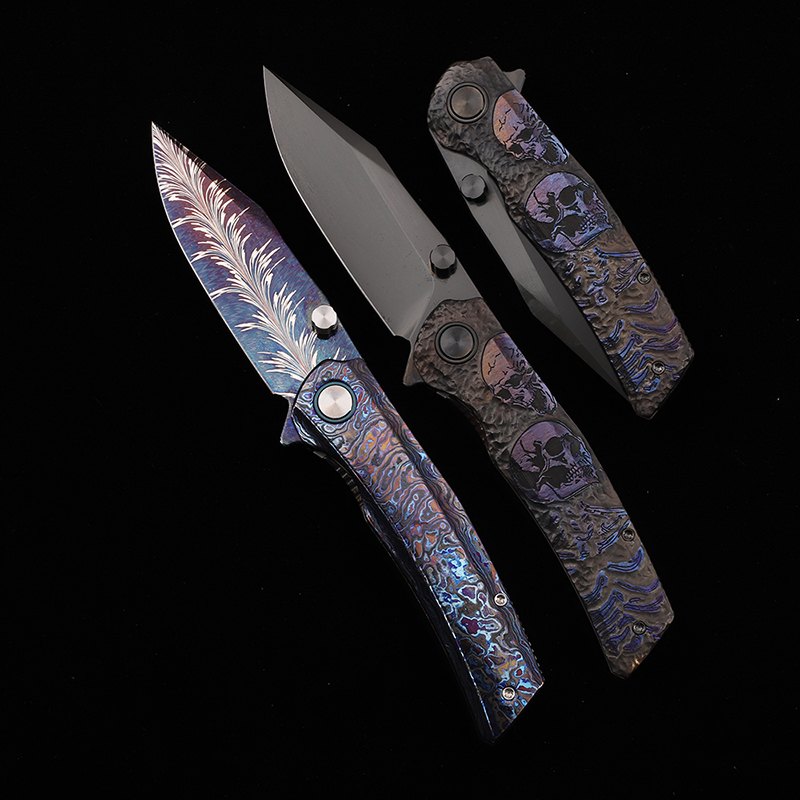 M390/1095 Carbon Steel+Nickel Steel Blade Titanium Alloy/Zirconia Horse Handle Folding Knife Outdoor Camping Collection Play EDC — Titanium EDC, Titanium handle — capture 2