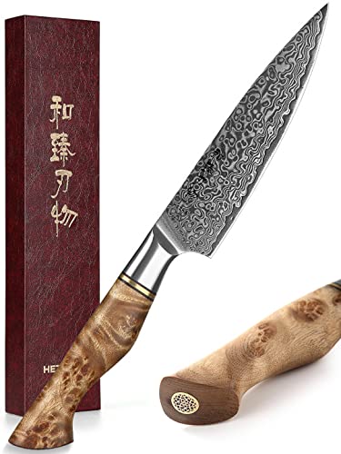 HEZHEN 5 inch Utility Knife Kitchen with Razor Sharp- Damascus Steel with Rose Pattern Multifunctional VG10 Professional Paring-Fruit Knife- Master Series Ergonomic Figured Sycamore Wood Handle — Damascus, Damascus steel