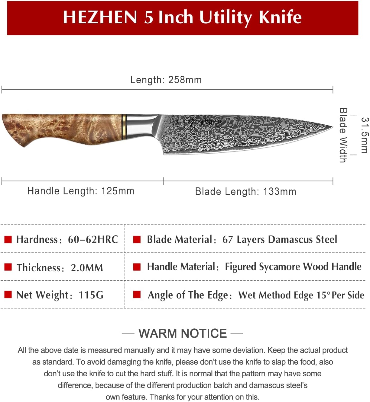 HEZHEN 5 inch Utility Knife Kitchen with Razor Sharp- Damascus Steel with Rose Pattern Multifunctional VG10 Professional Paring-Fruit Knife- Master Series Ergonomic Figured Sycamore Wood Handle — Damascus, Damascus steel — capture 2
