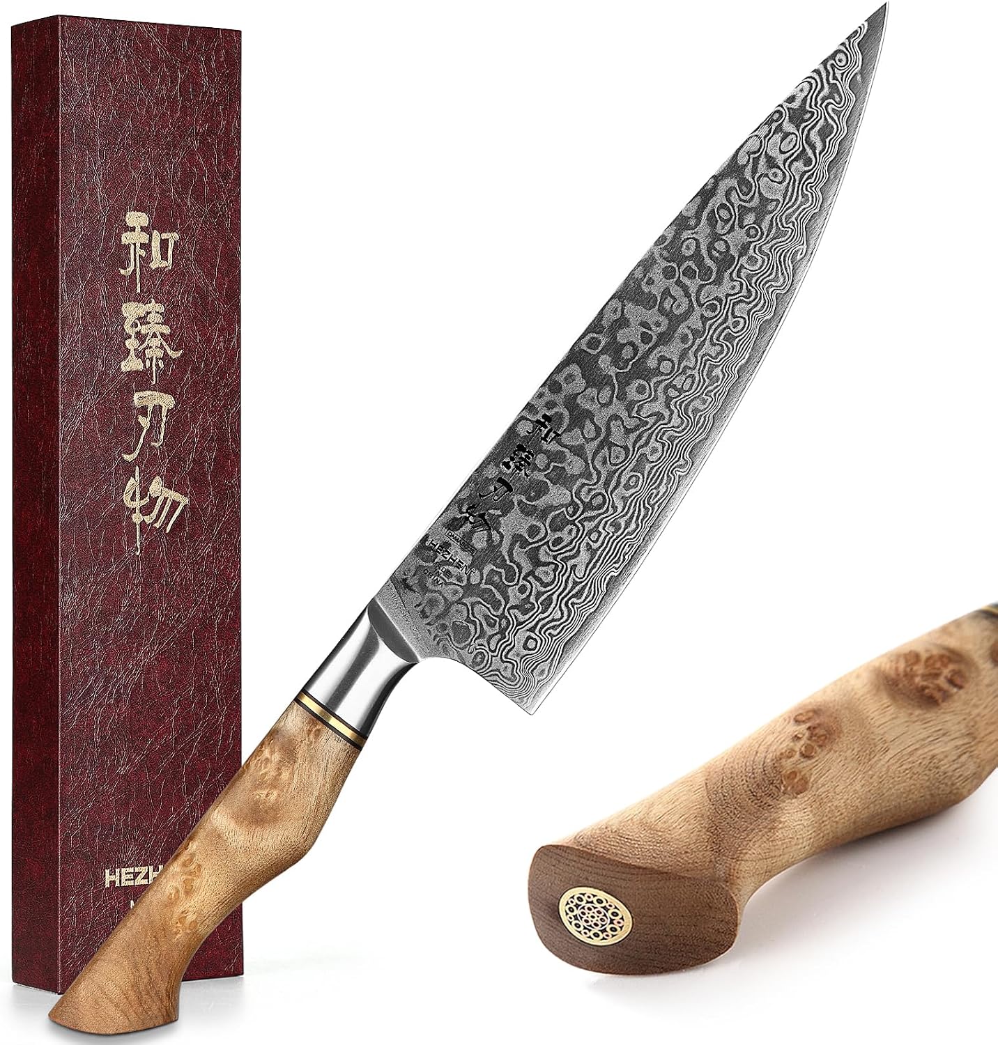 HEZHEN Chef's Knife-Professional-8.3 inch Damascus Steel, Kitchen Knife VG10 Gyuto Knife-Master Series Chef Cooking Tool at Home,Restaurant-Figured Sycamore Wood Handle — Damascus, Damascus steel