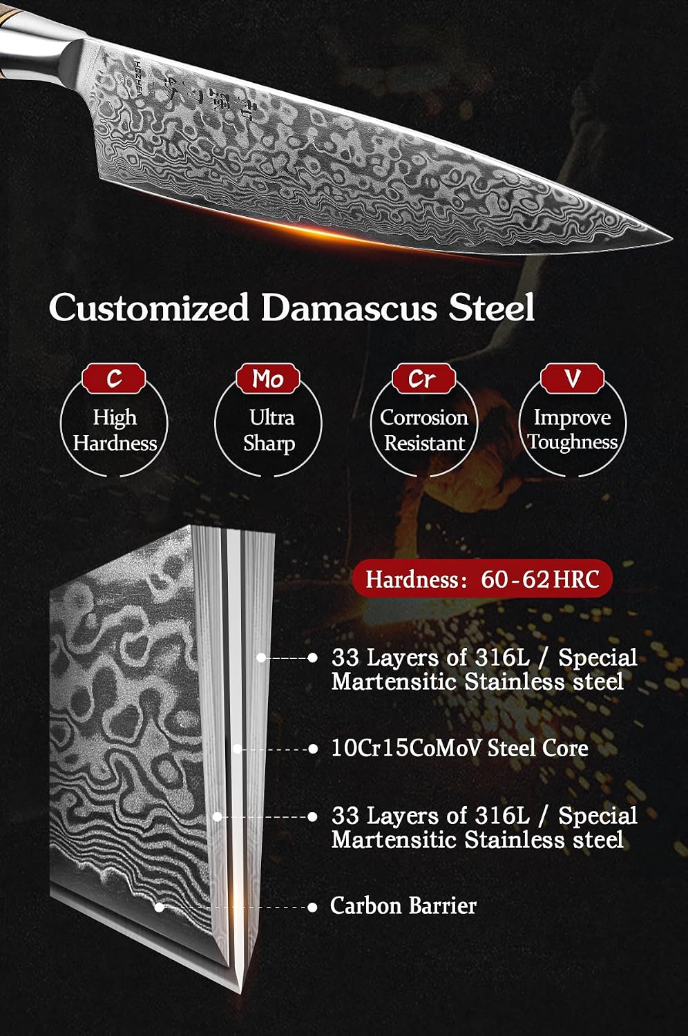 HEZHEN Chef's Knife-Professional-8.3 inch Damascus Steel, Kitchen Knife VG10 Gyuto Knife-Master Series Chef Cooking Tool at Home,Restaurant-Figured Sycamore Wood Handle — Damascus, Damascus steel — capture 3