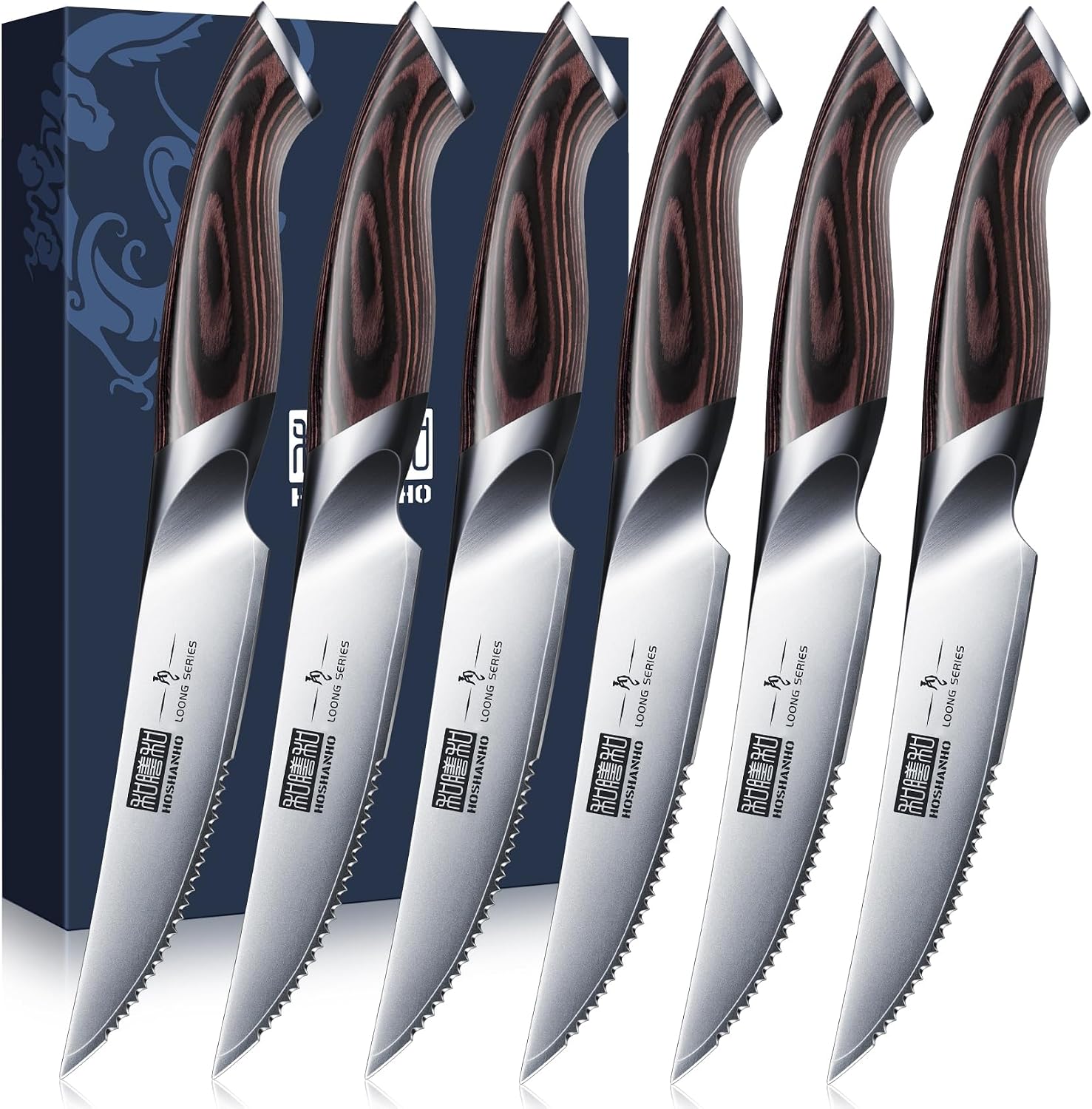 HOSHANHO Steak Knives Set of 6, Ultra Sharp 4.5 in Serrated Steak Knife Set — Kitchen, Premium steel