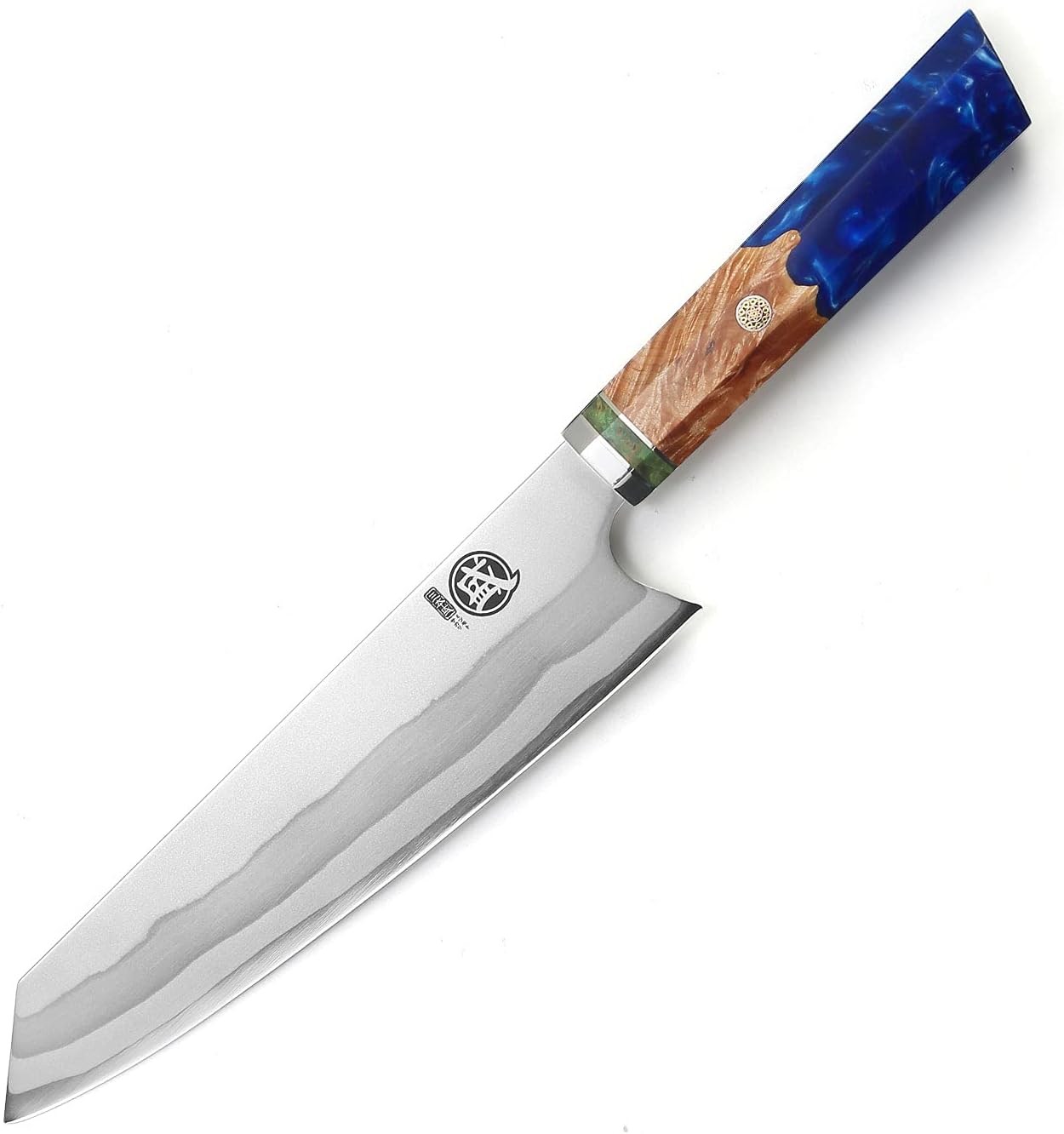 MITSUMOTO SAKARI 8" 440C Damascus Chef Knife, Blue Handle, Japanese Knife, Wooden Box — Damascus, Damascus steel
