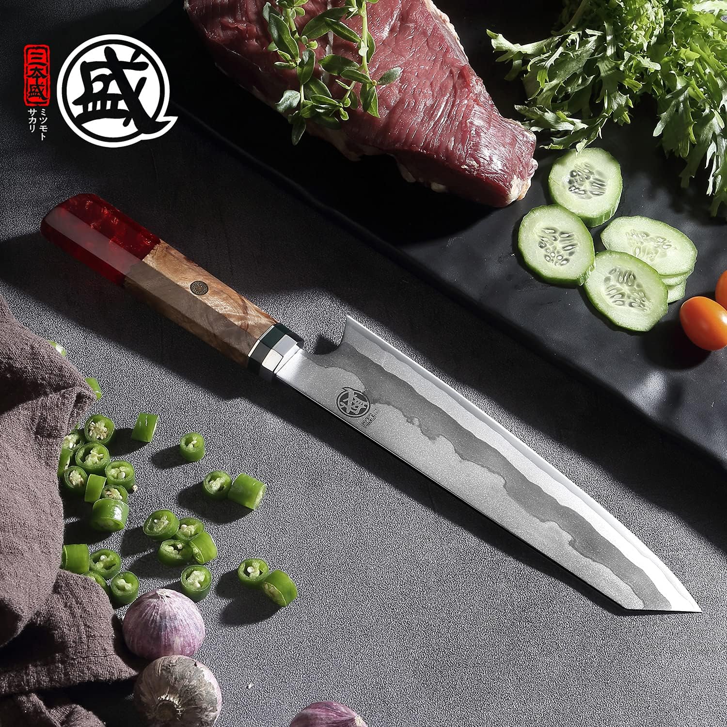 MITSUMOTO SAKARI 8" 440C Damascus Chef Knife, Red Handle, Japanese Knife, Wooden Box — Damascus, Damascus steel — capture 2