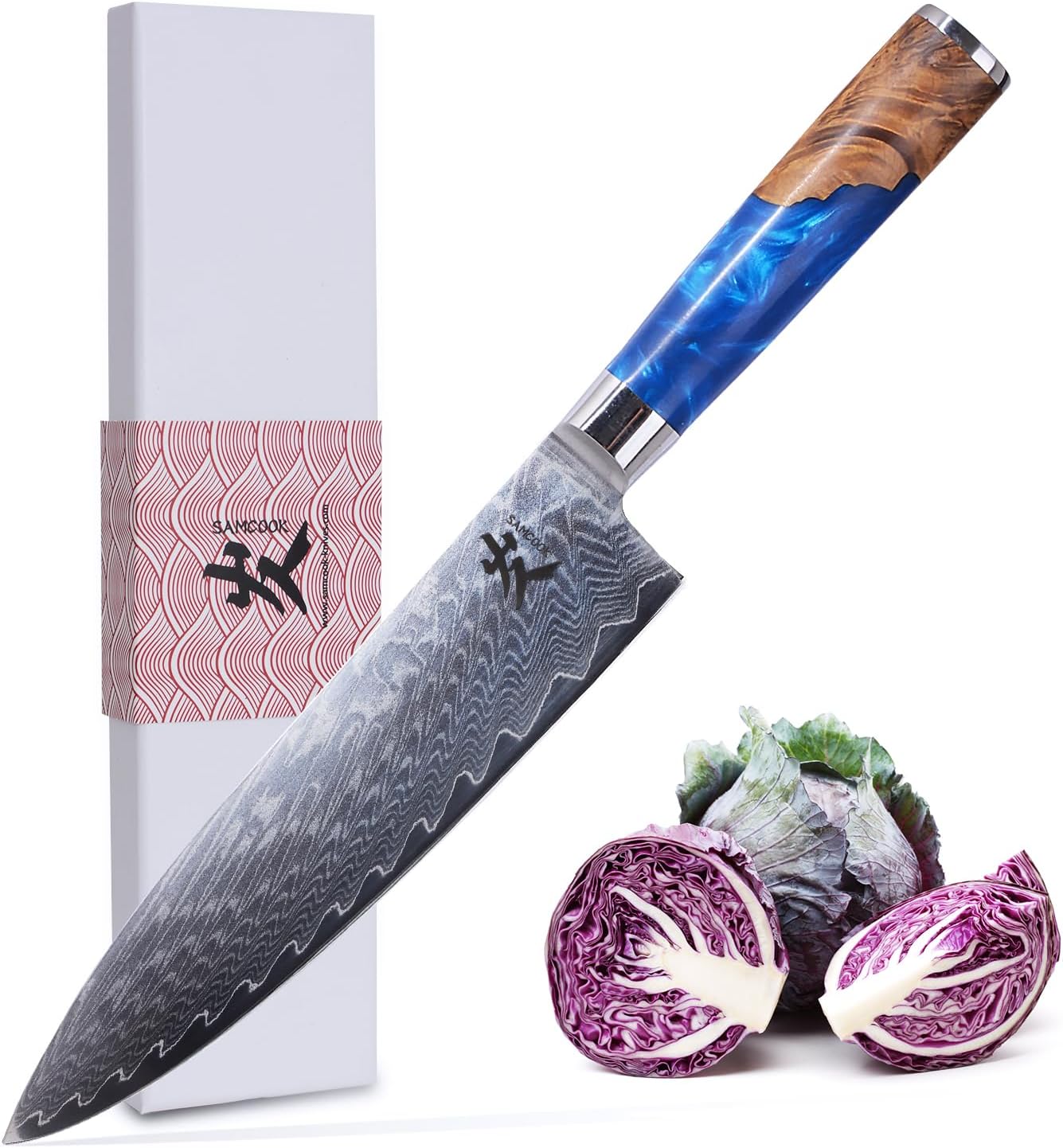 SAMCOOK Damascus Chef Knife - 8 Inch Professional Sharp Gyuto Knife - Japanese VG-10 High Carbon Stainless Steel Kitchen Cooking Knife - Ergonomic Blue Resin Wood Handle with Gift Box — Damascus, Damascus steel