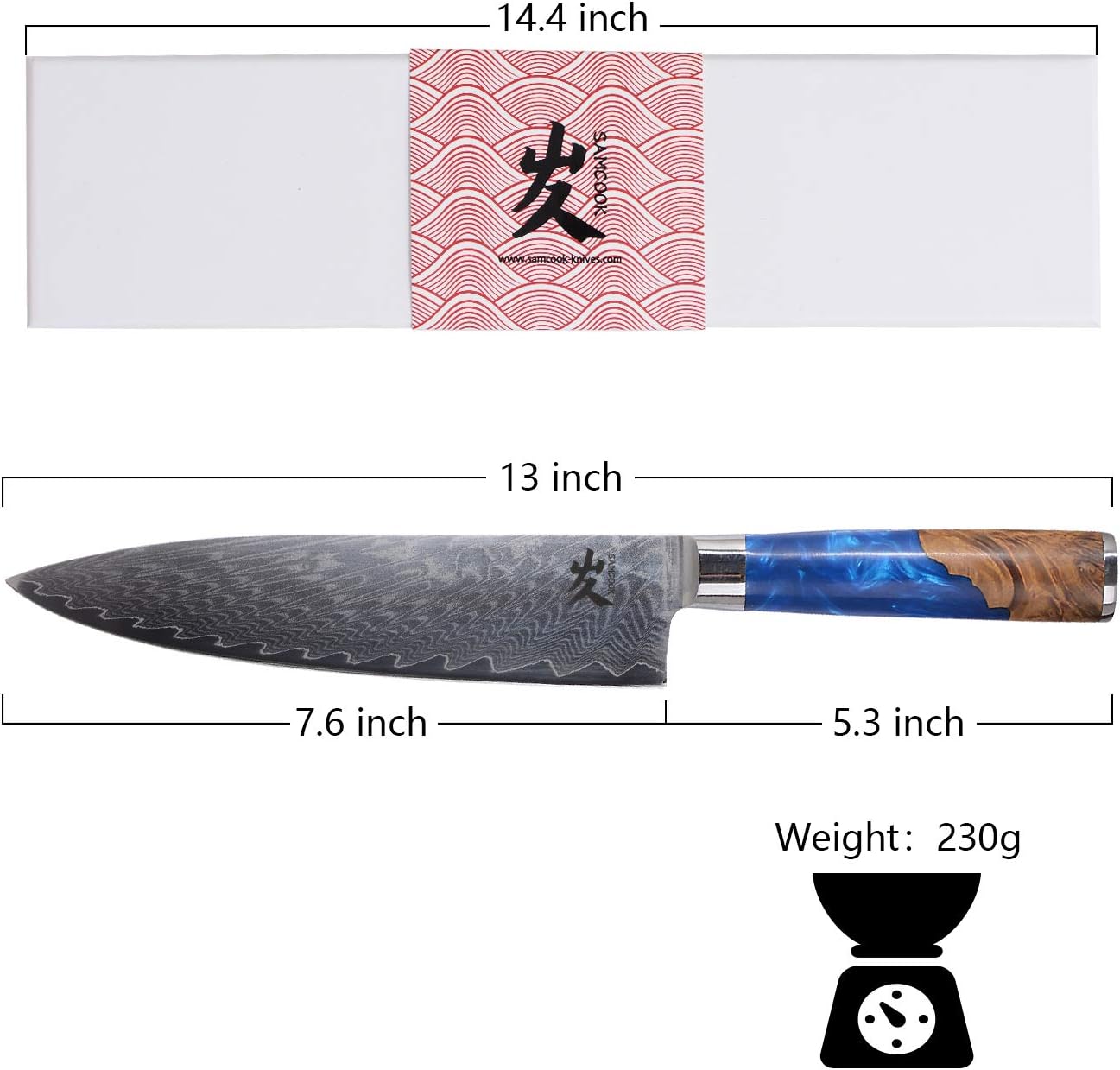 SAMCOOK Damascus Chef Knife - 8 Inch Professional Sharp Gyuto Knife - Japanese VG-10 High Carbon Stainless Steel Kitchen Cooking Knife - Ergonomic Blue Resin Wood Handle with Gift Box — Damascus, Damascus steel — capture 2