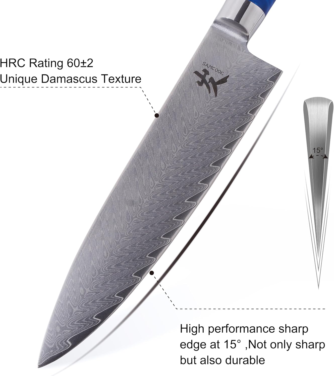 SAMCOOK Damascus Chef Knife - 8 Inch Professional Sharp Gyuto Knife - Japanese VG-10 High Carbon Stainless Steel Kitchen Cooking Knife - Ergonomic Blue Resin Wood Handle with Gift Box — Damascus, Damascus steel — capture 3