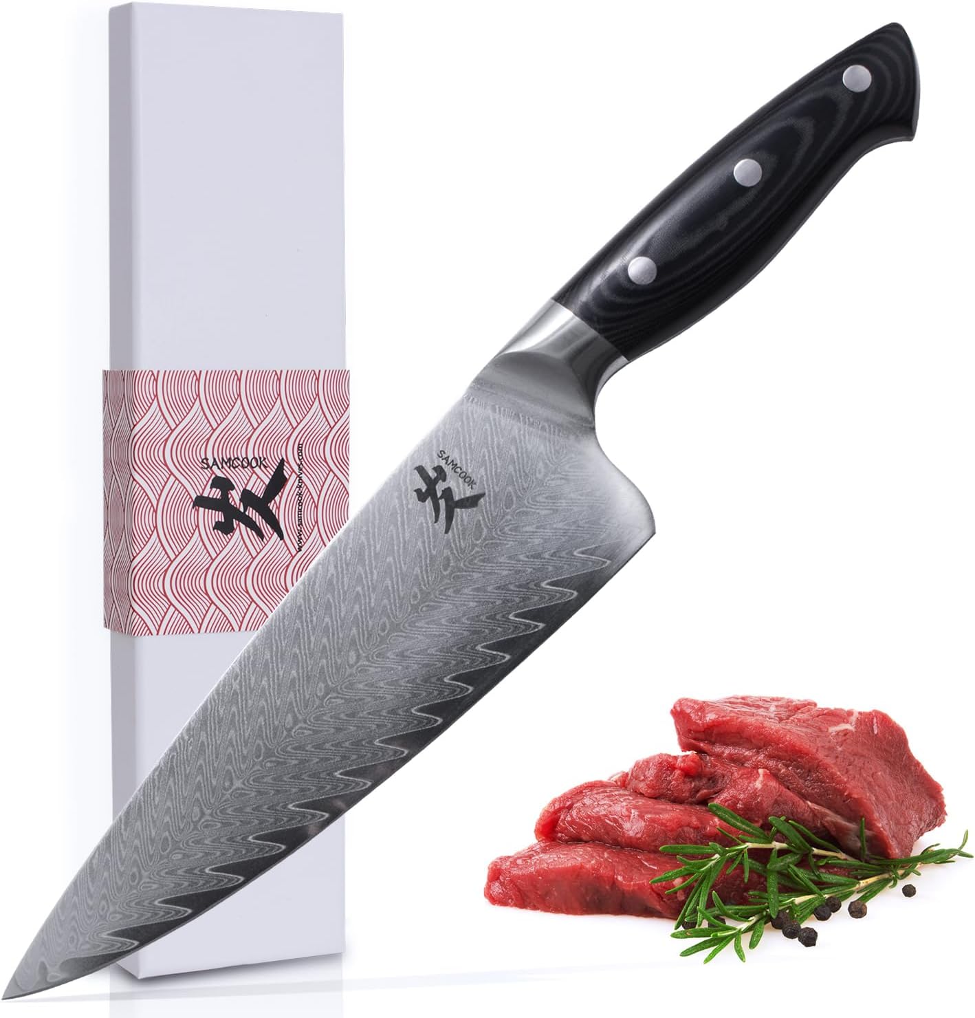 SAMCOOK Damascus Chef Knife - 8 Inch Professional Sharp Kitchen Knife - Japanese VG-10 High Carbon Stainless Steel Gyuto Cooking Knife - Ergonomic Micarta Wood Handle with Gift Box — Damascus, Damascus steel