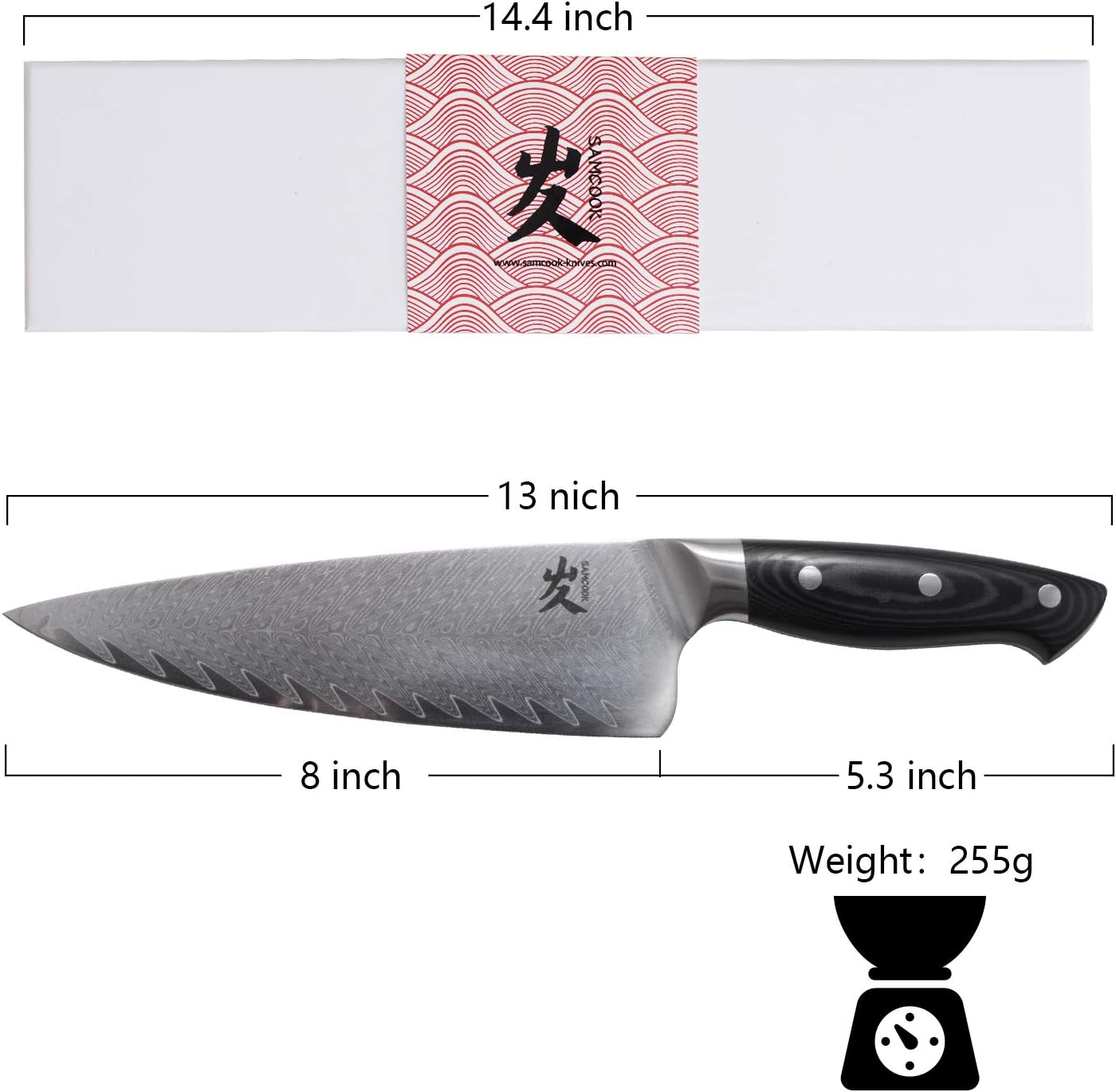 SAMCOOK Damascus Chef Knife - 8 Inch Professional Sharp Kitchen Knife - Japanese VG-10 High Carbon Stainless Steel Gyuto Cooking Knife - Ergonomic Micarta Wood Handle with Gift Box — Damascus, Damascus steel — capture 2