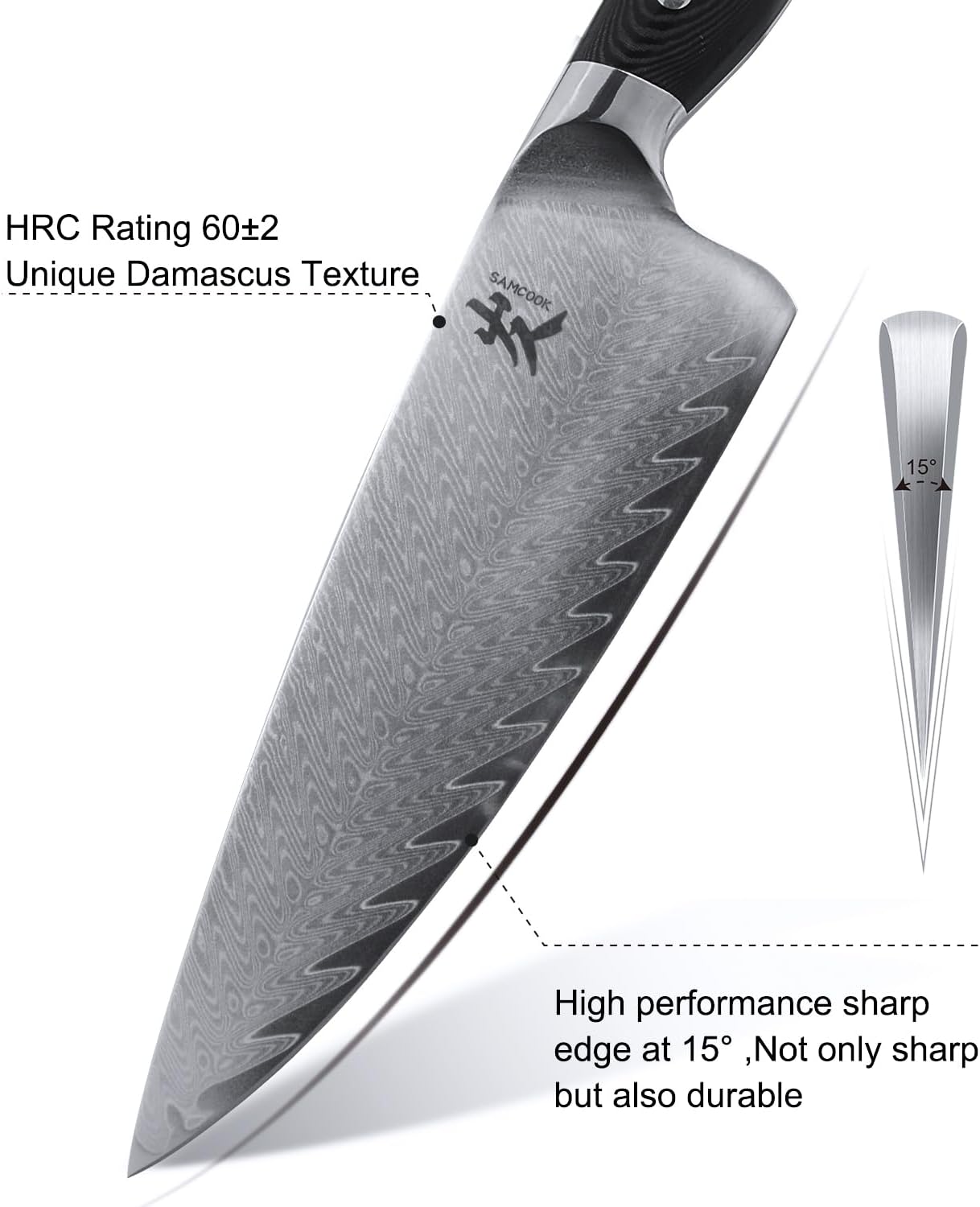SAMCOOK Damascus Chef Knife - 8 Inch Professional Sharp Kitchen Knife - Japanese VG-10 High Carbon Stainless Steel Gyuto Cooking Knife - Ergonomic Micarta Wood Handle with Gift Box — Damascus, Damascus steel — capture 3