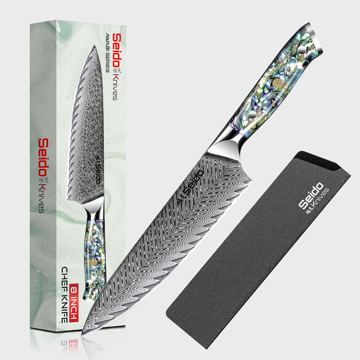 Seido Knives Awabi Gyuto Chef Knife 67 Layers of Damascus Steel with a VG-10 Super Steel Core with Abalone Shell Resin Handle — Damascus, Damascus steel