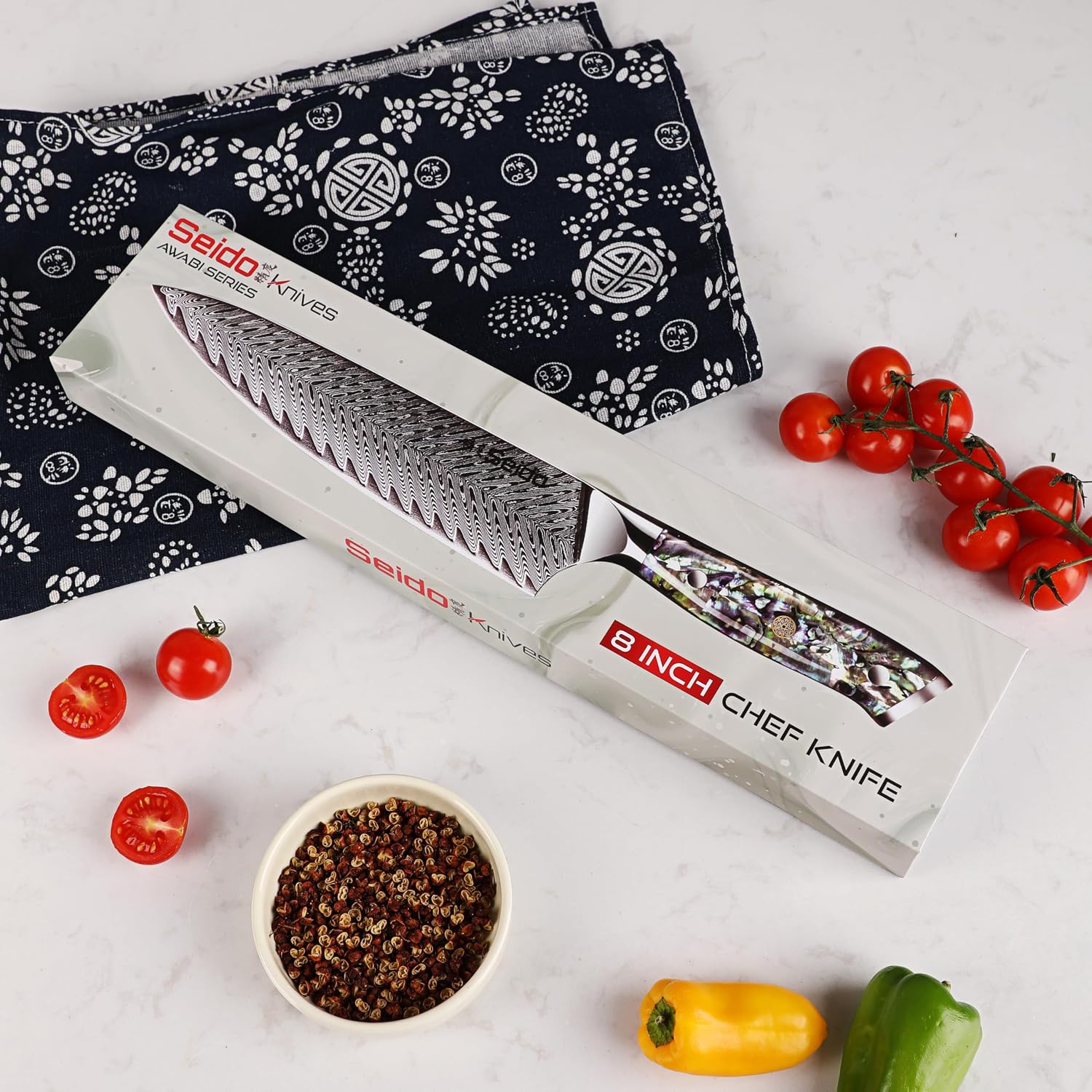 Seido Knives Awabi Gyuto Chef Knife 67 Layers of Damascus Steel with a VG-10 Super Steel Core with Abalone Shell Resin Handle — Damascus, Damascus steel — capture 2