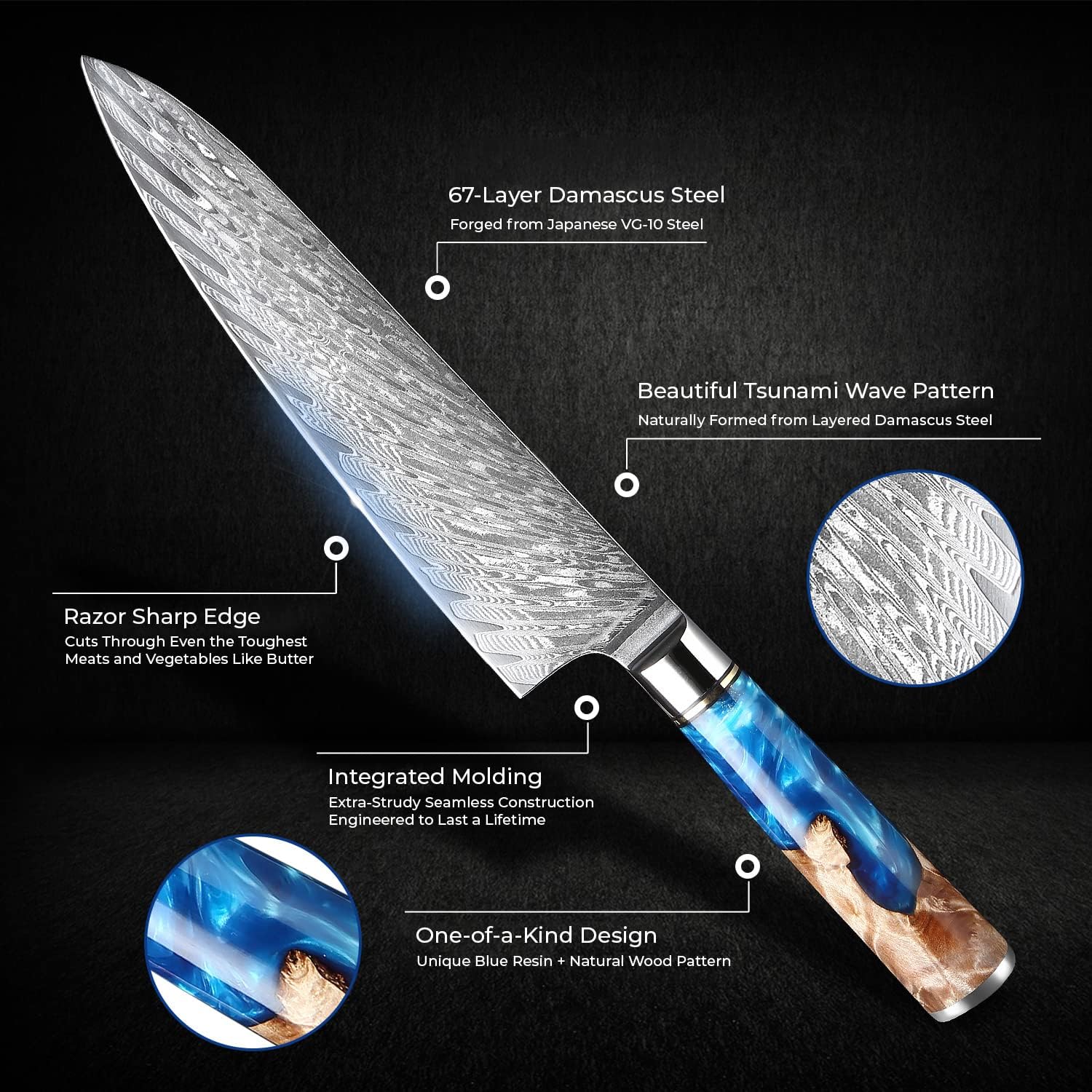 SENKEN 7-Piece Damascus Kitchen Knife Set - Tsunami Collection - 67-Layer Japanese VG10 Steel - Chef's Knife, Cleaver, Santoku, Bread, Boning, & More — Damascus, Damascus steel — capture 2