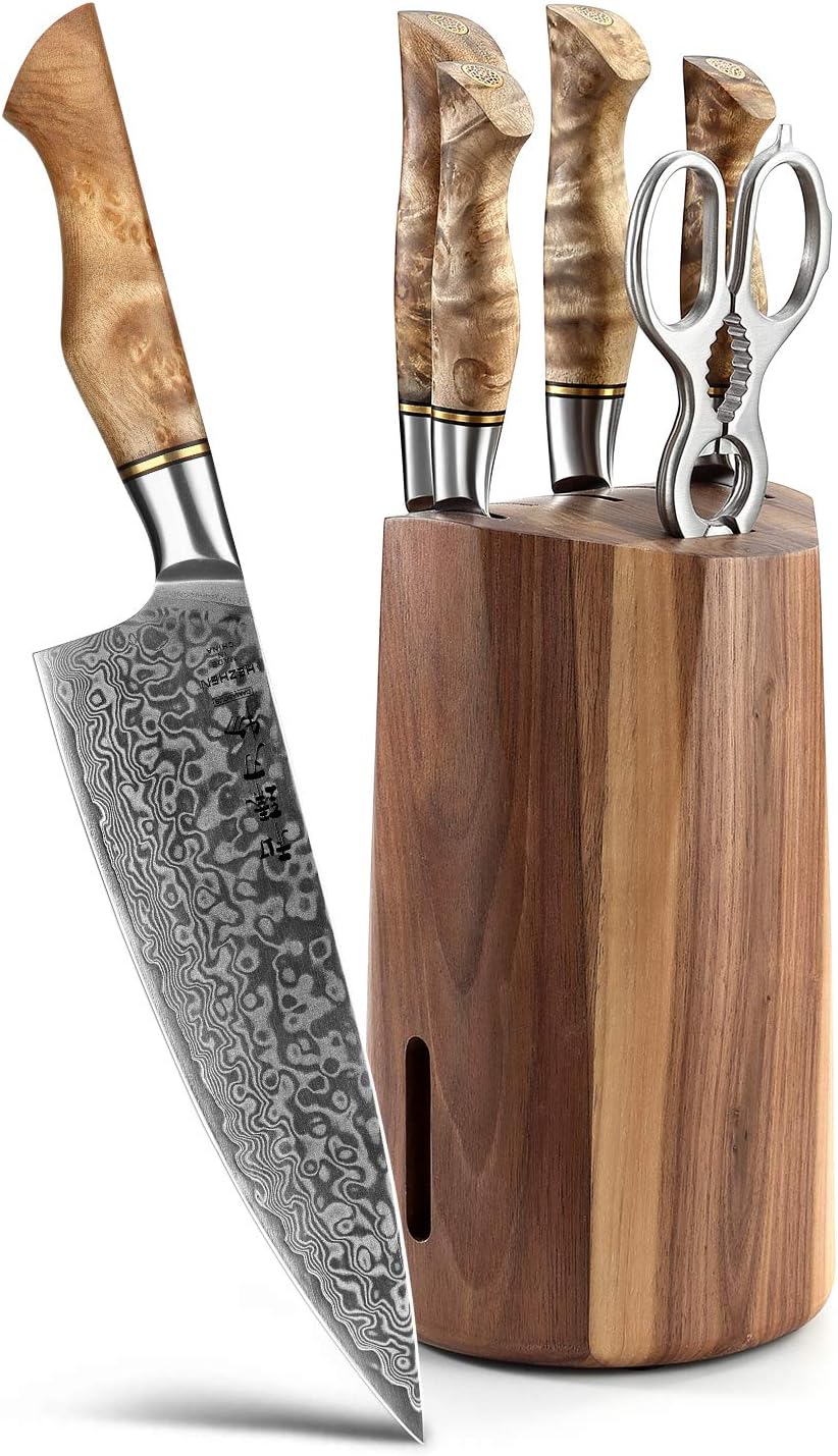 HEZHEN 7PCS Kitchen Knives Set Professional Forging Damascus High Carbon Steel Chef Knife Santoku Bread Knife Utility Knife Fruit Knife 3cr14 Multifunctional Kitchen Scissors 6Slot Black Walnut Block — Damascus, Damascus steel