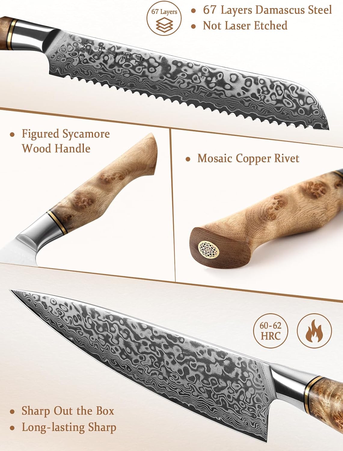 HEZHEN 7PCS Kitchen Knives Set Professional Forging Damascus High Carbon Steel Chef Knife Santoku Bread Knife Utility Knife Fruit Knife 3cr14 Multifunctional Kitchen Scissors 6Slot Black Walnut Block — Damascus, Damascus steel — capture 2
