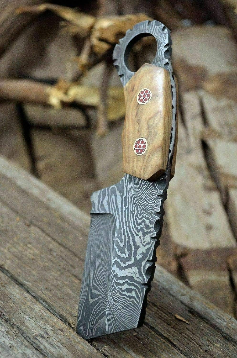 KE-0750-HK 7" CUSTOM HANDMADE DAMASCUS STEEL MINI CLEAVER POCKET KNIFE WITH LEATHER SHEATH — Damascus, Damascus steel