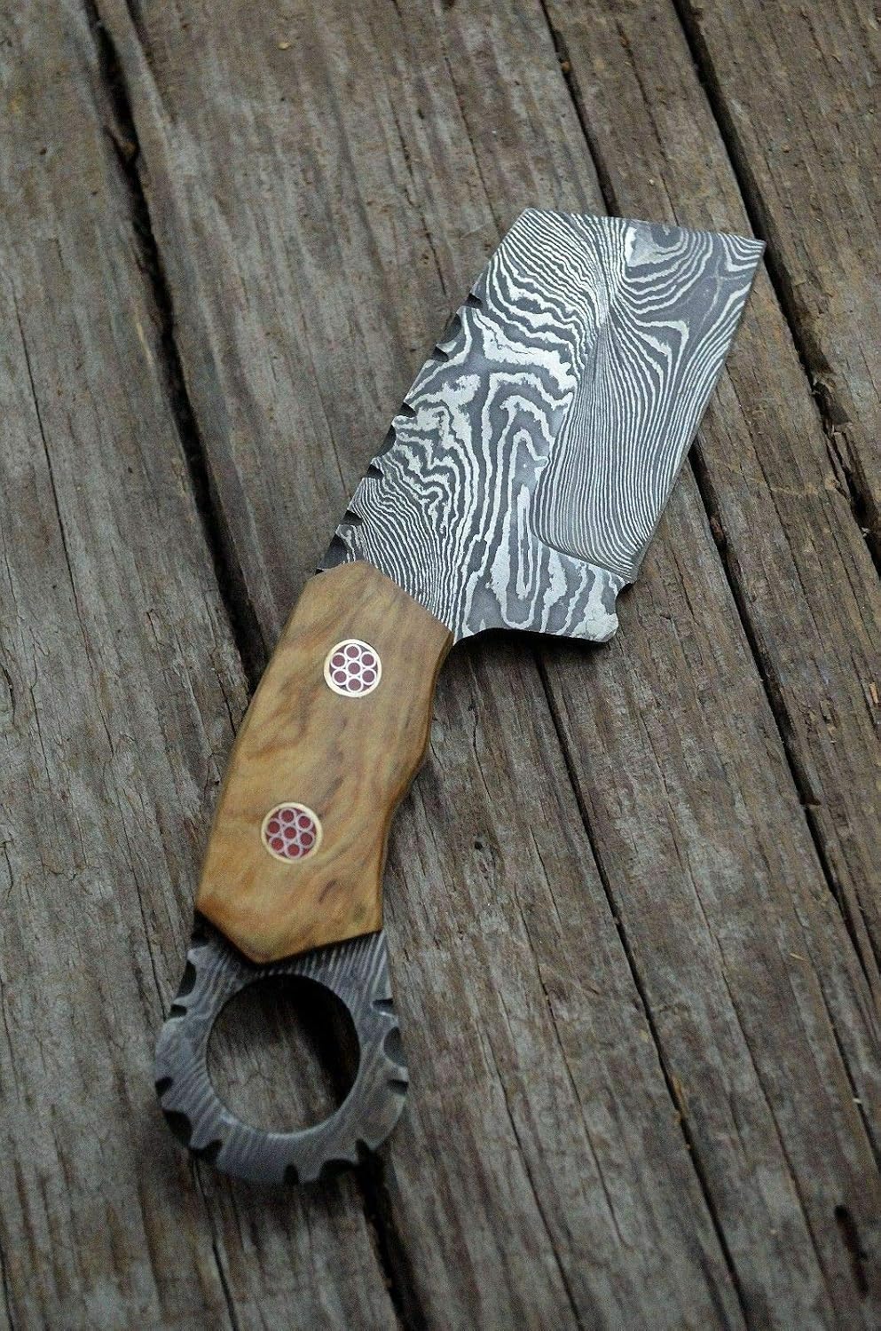 KE-0750-HK 7" CUSTOM HANDMADE DAMASCUS STEEL MINI CLEAVER POCKET KNIFE WITH LEATHER SHEATH — Damascus, Damascus steel — capture 2
