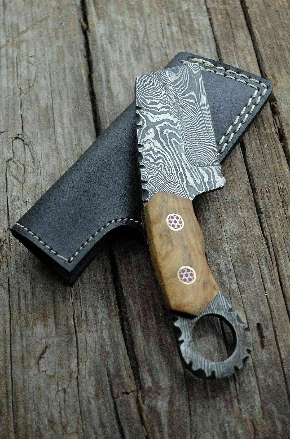 KE-0750-HK 7" CUSTOM HANDMADE DAMASCUS STEEL MINI CLEAVER POCKET KNIFE WITH LEATHER SHEATH — Damascus, Damascus steel — capture 3