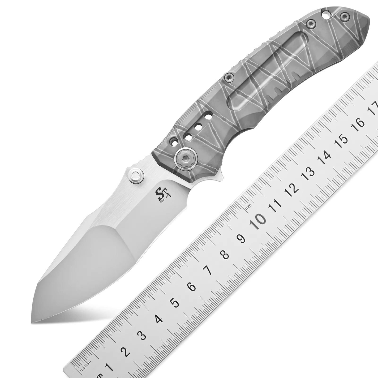 Sitivien ST991 Folding Knife M390 Steel Blade Burnt Titanium Pattern Handle EDC Tool Knifes for Working Camping Collection — Titanium EDC, Titanium handle — capture 2