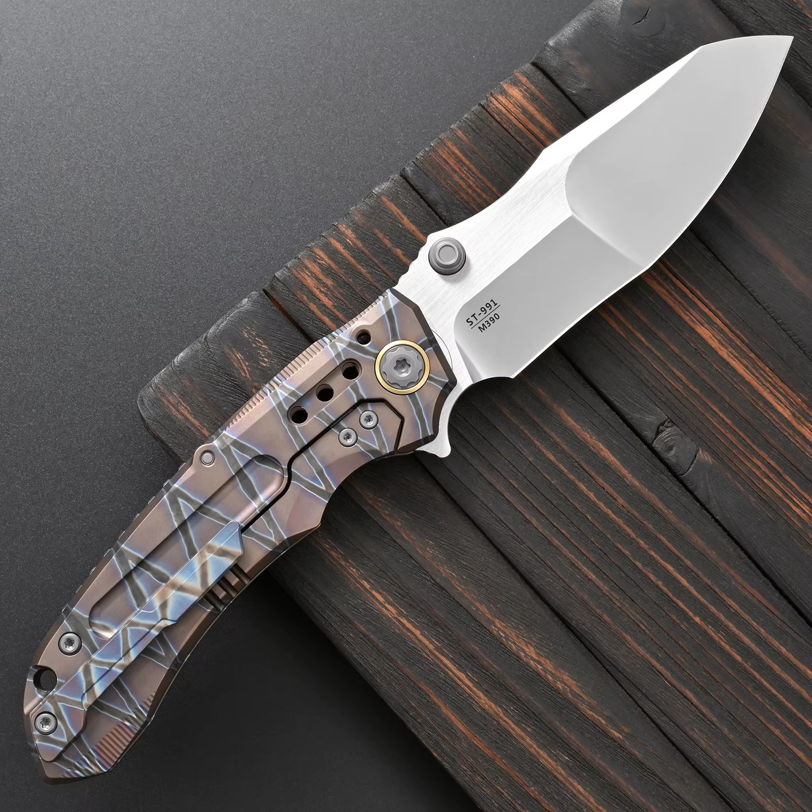 Sitivien ST991 Folding Knife M390 Steel Blade Burnt Titanium Pattern Handle EDC Tool Knifes for Working Camping Collection — Titanium EDC, Titanium handle — capture 3